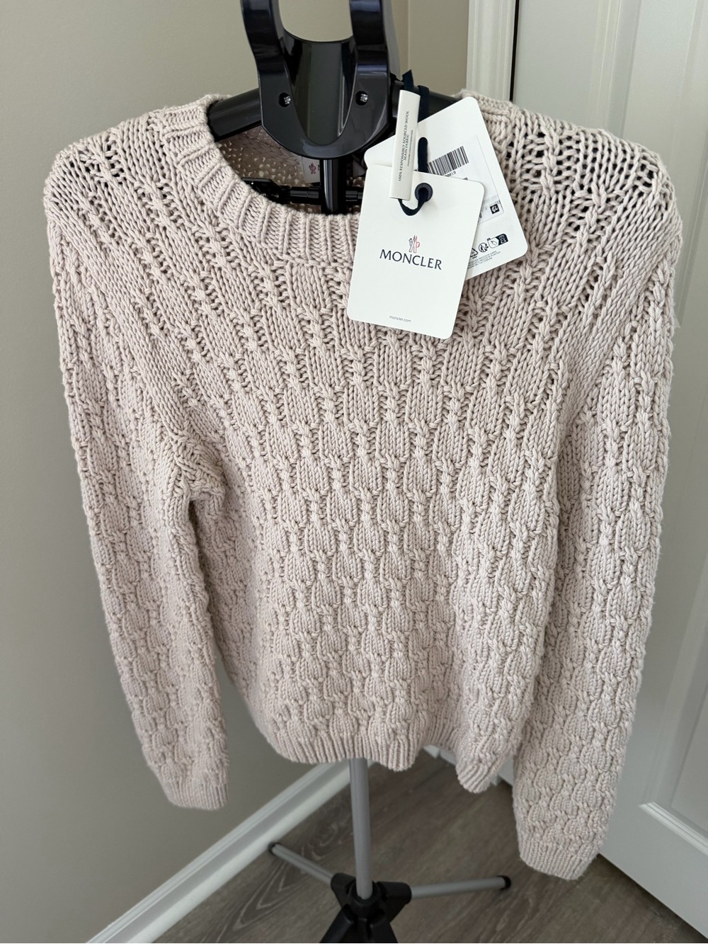Moncler light mauvy beige Cable-Knit Crewneck Sweater